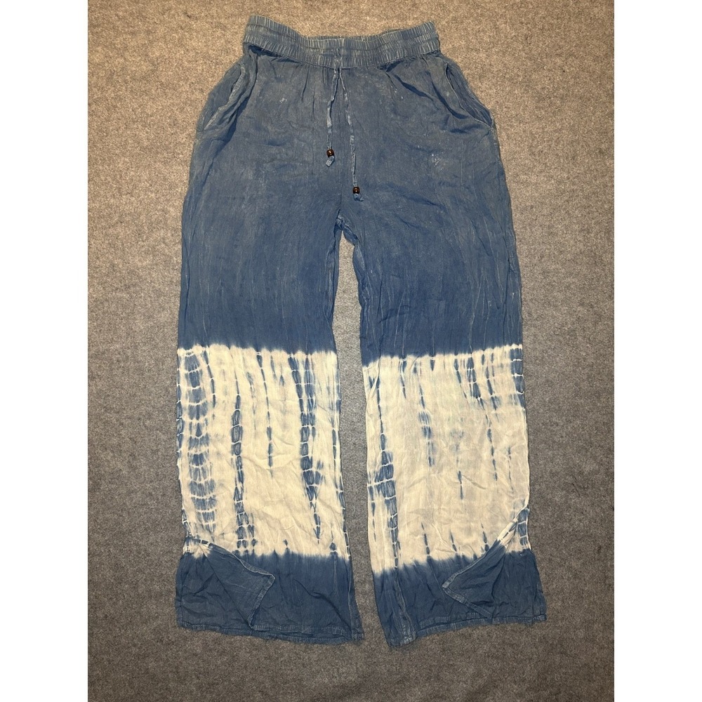 Somya Collection Wide Leg Pants Large Blue Tie Dye Elastic Drawstring Waist